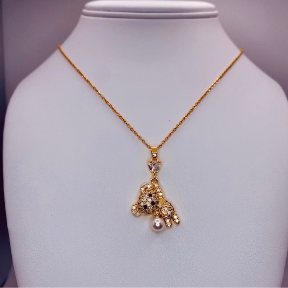 Cute Teddy Bear Pave CZ Heart Pearl Pendant Design Dainty Curb Chain Necklace - Picture 5 of 8